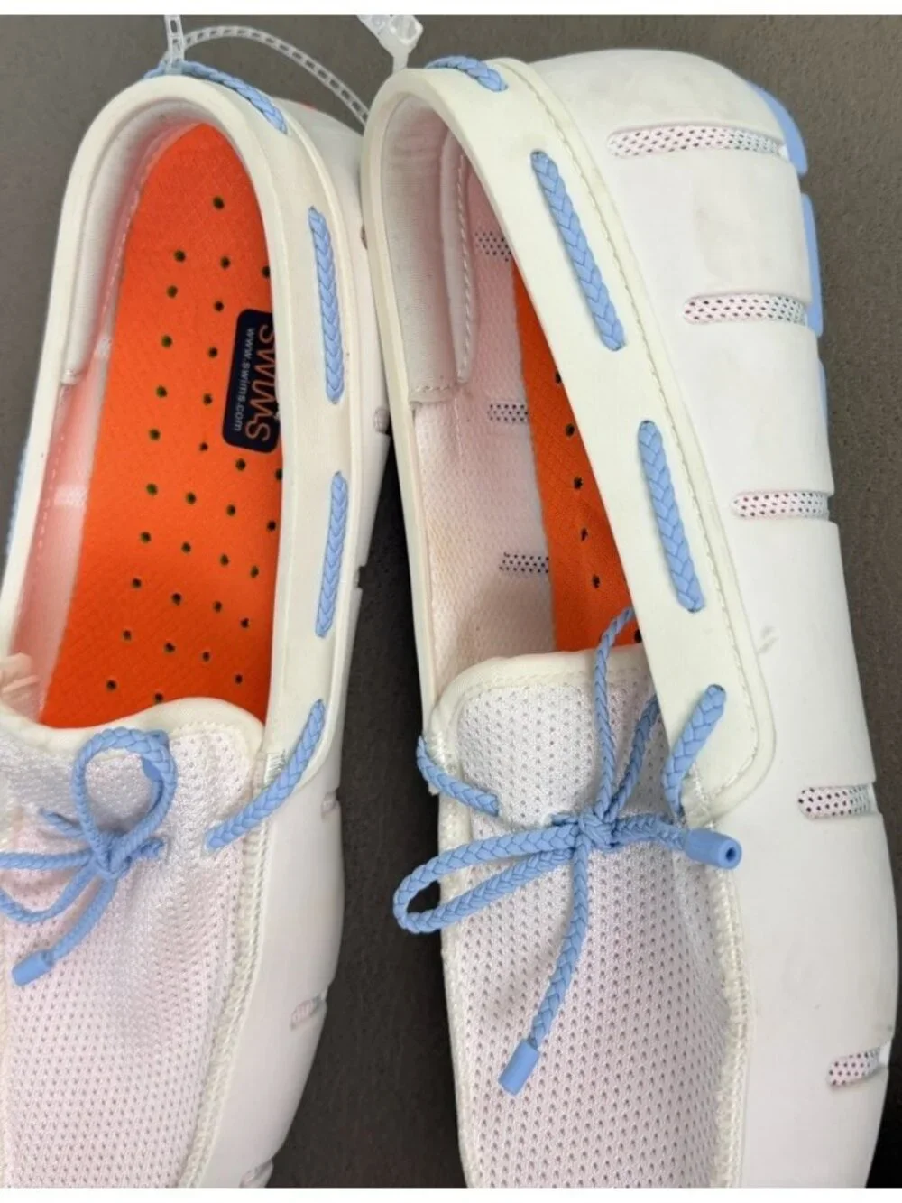 Swims Men's White Mesh Boat Shoes with Light Blue Laces and Orange Insoles